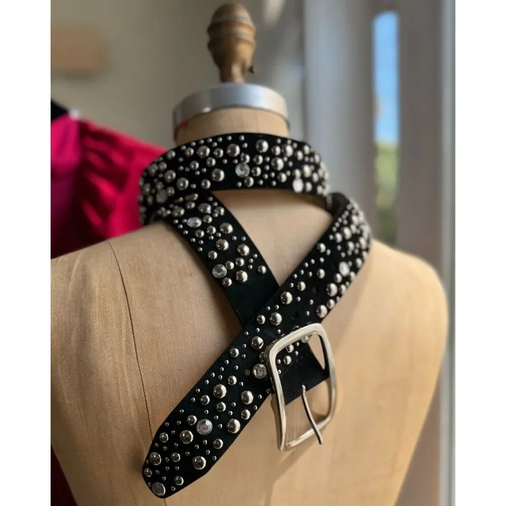 100% Black Leather Circle Stud & Rhinestone Belt Size 2XL Silver Tone Hardware