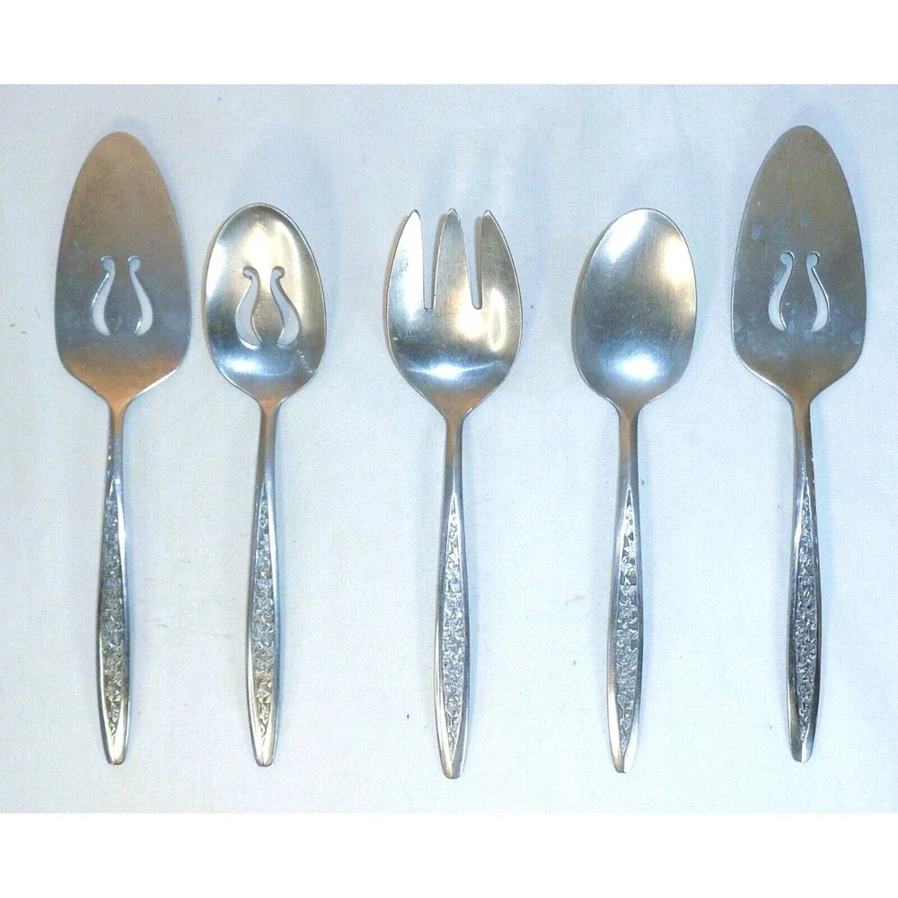 VTG Set of 5 Customcraft Petal Lane Serving Spoons Pie Floral Stainless Taiwan