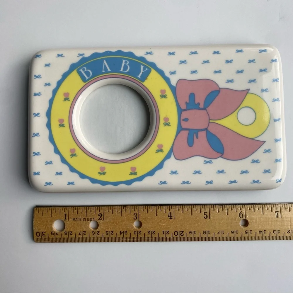 Vintage Baby Frame Ceramic Photo Girl Rattle With Bow Yellow 7” X 4” Photo: 2”