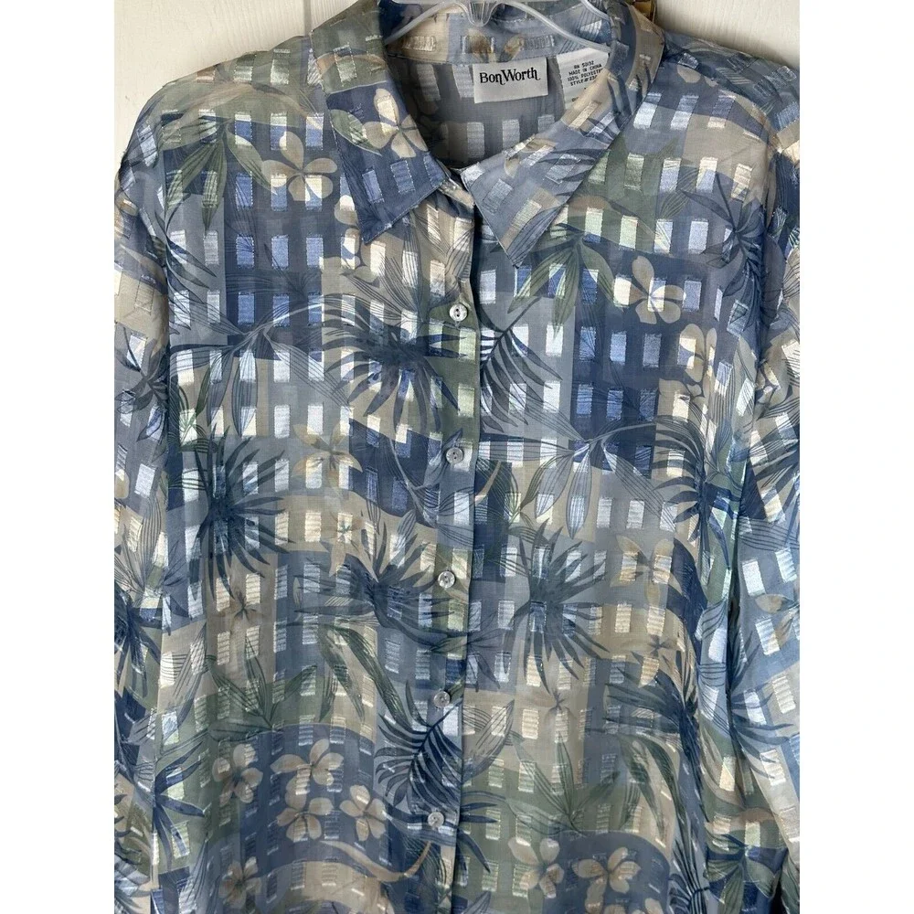 Bon Worth Sheer Big Shirt Women's XL Light Blue Floral Cool Layering Chic Casual