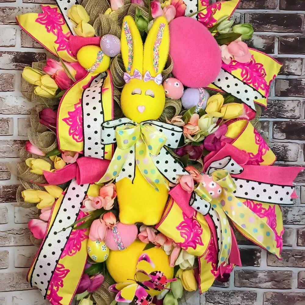 Easter Wreath for Front Door, Flocked Bunny Wreath, Easter decoration, Spring
