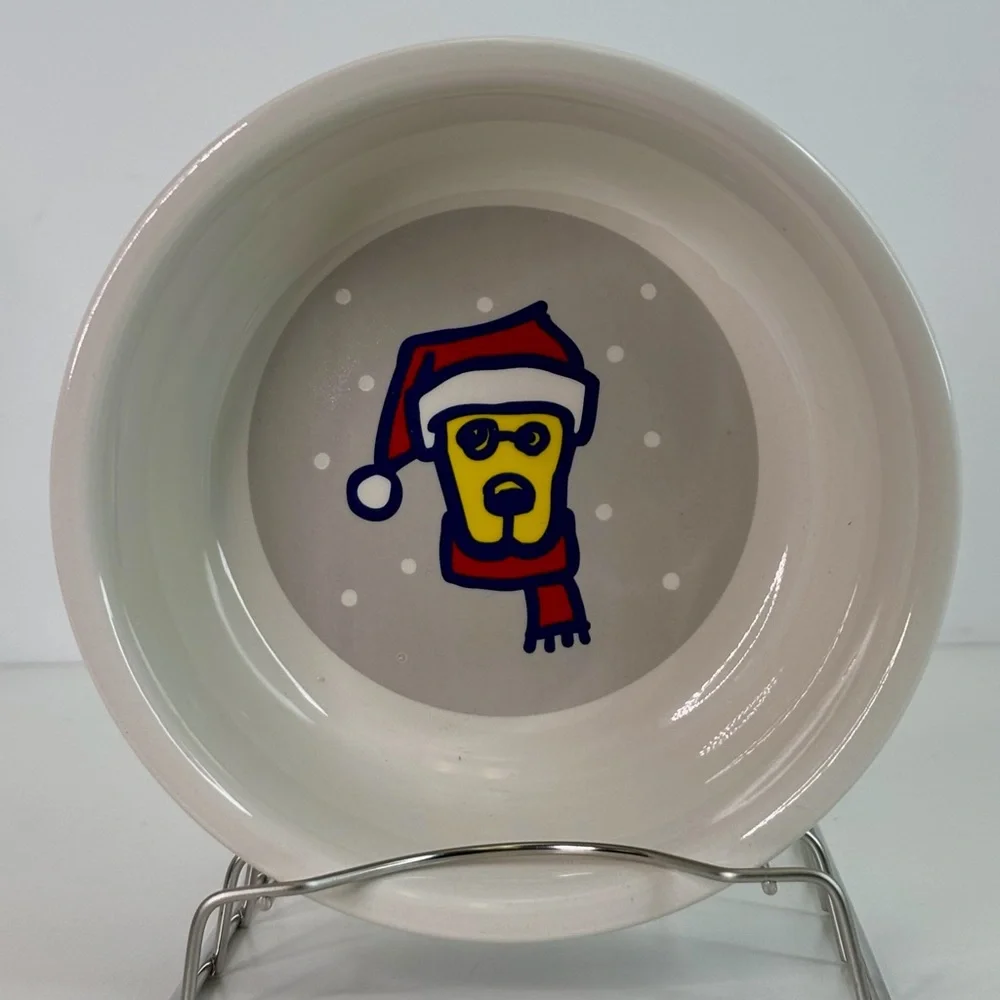 DOG BOWL LIFE is GOOD Santa Hat & Scarf Christmas Yellow Ceramic 6