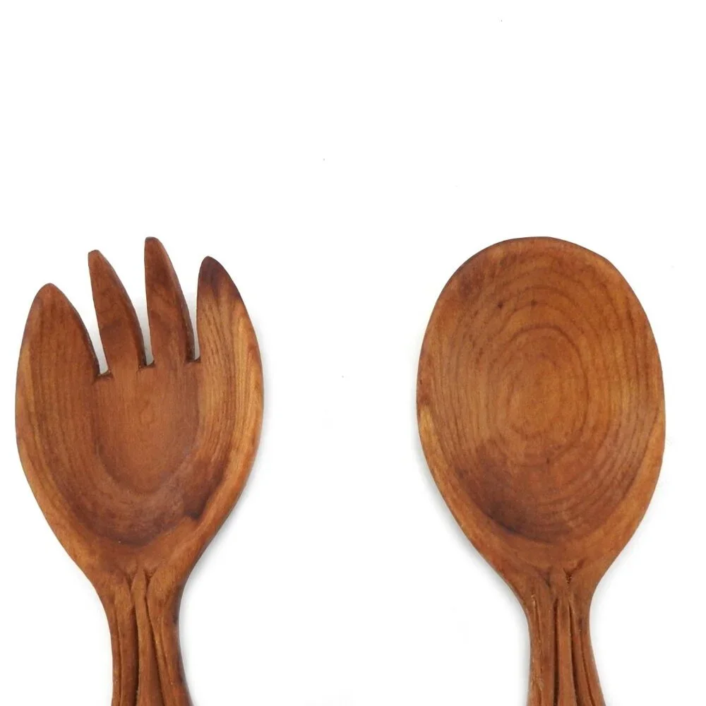 Vintage Hand-carved Wooden Salad Set Spoon Fork Welsh Floral Design