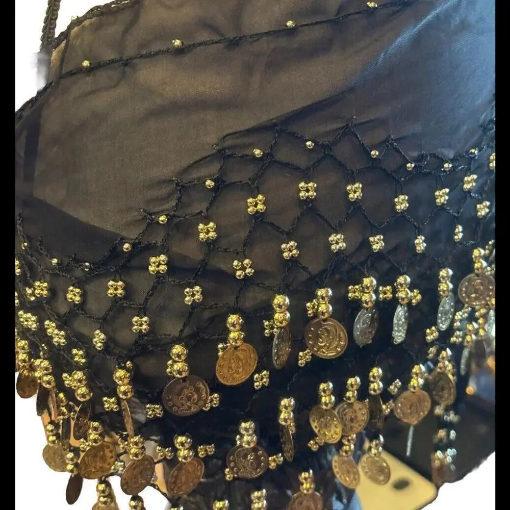 👠🥻🖤 Black Sheer Golden Coins Hip Scarf Belly Dancing Cosplay Fun