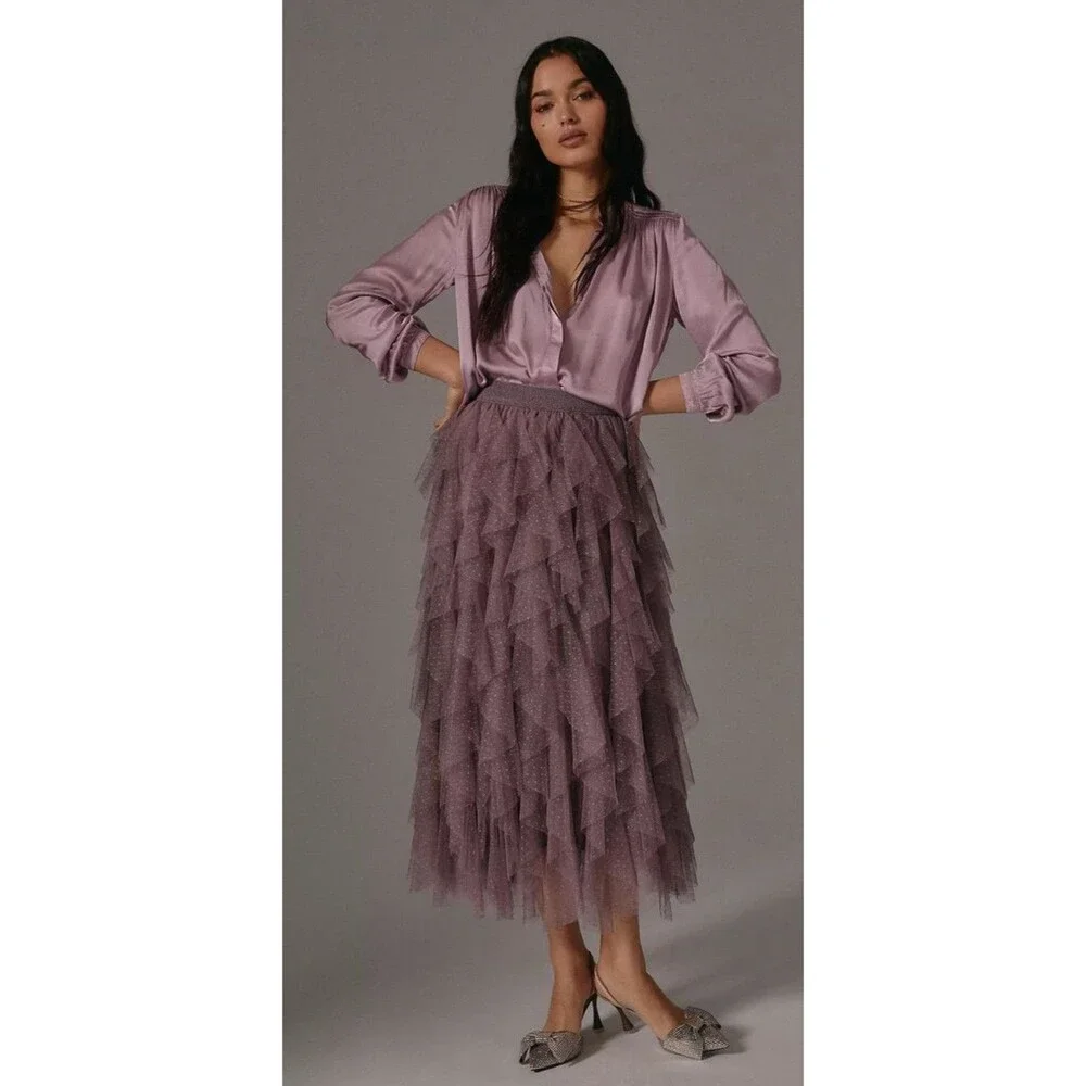 Anthropologie Midi Skirt Purple Cheri Ruffle Tulle Elastic Waist Preppy Sz L New