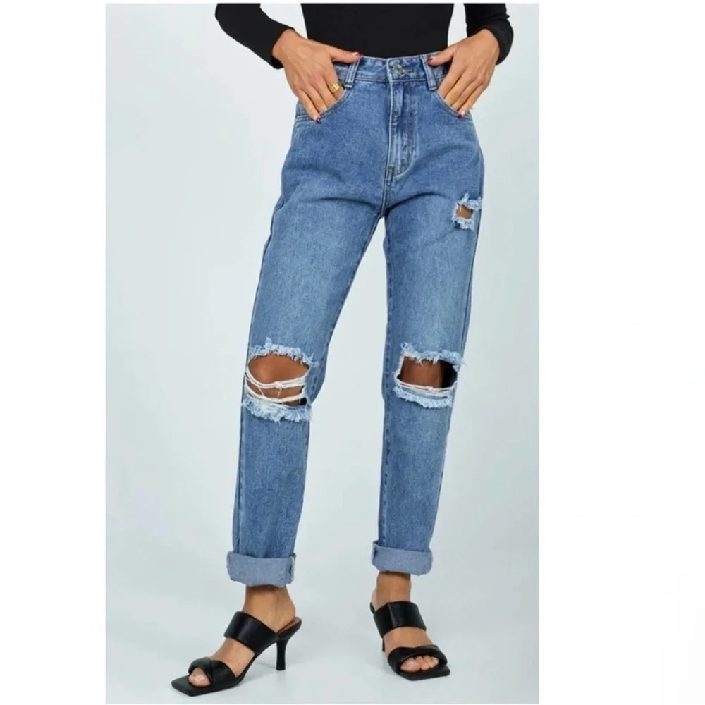 Princess Polly Hayden Knee Rip Jeans in Mid Wash Denim
