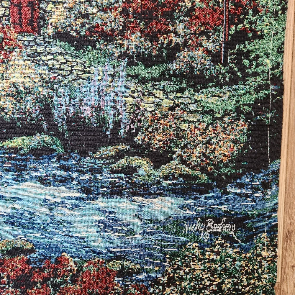 NICKY BOEHME TAPESTRY WALL HANGING STONE COTTAGE SWANS WATER MILL 37 INCHES