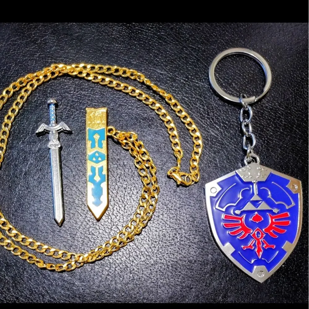 Zelda Master Sword & Hylian Shield Necklace & Keychain Combo Birthday Gift Set