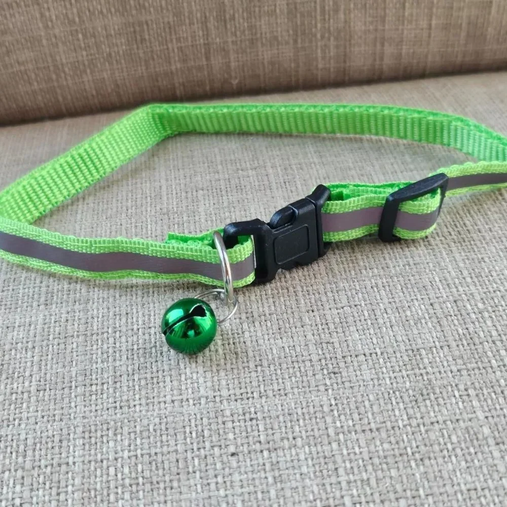 Cat Collar Reflective Light Green Color Cat Neck Collar W Bell Adjustable Small