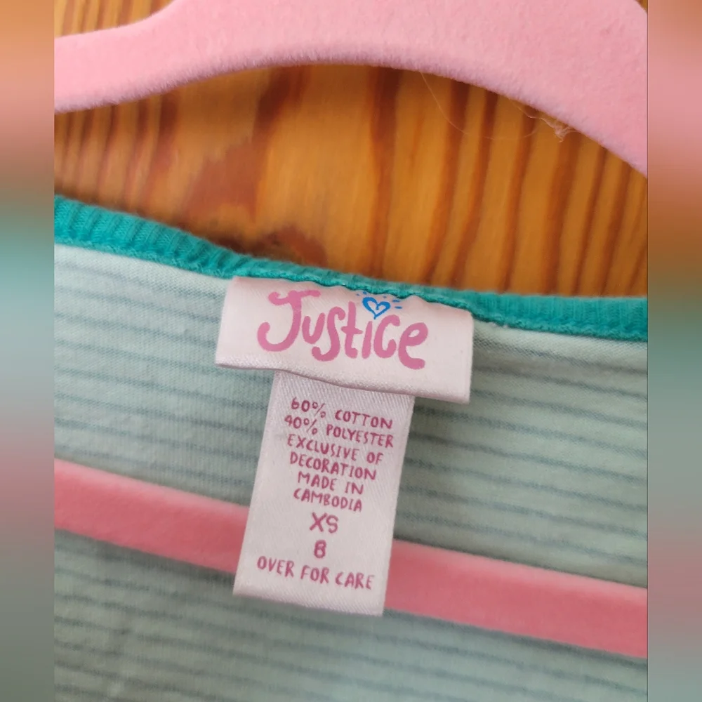 Justice Light & Dark Teal Green Striped Long Sleeve Babydoll Top Shirt Gems 8
