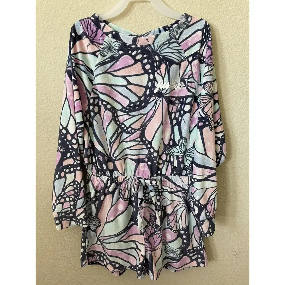 Justice Butterfly Elastic Waist Long Sleeve Girls’ Romper Pajama Size S 7/8