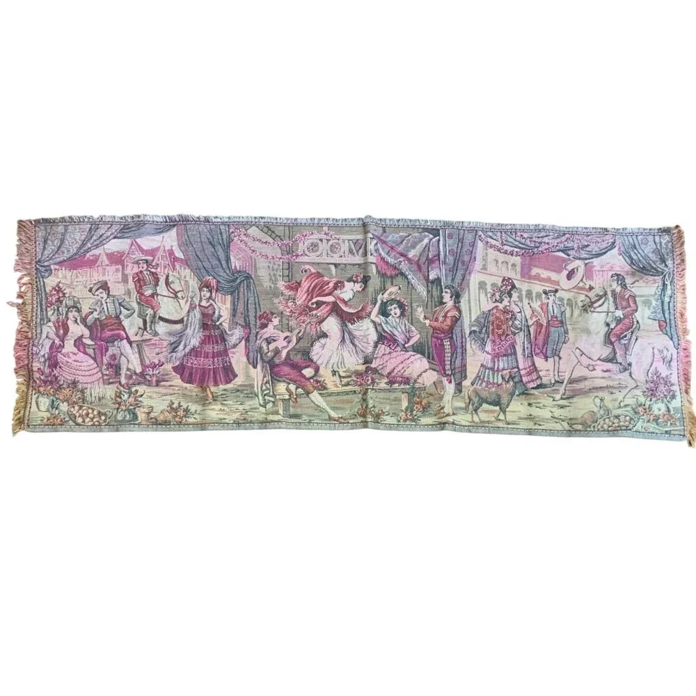 VTG Italian Tapestry Wall Hanging Elegant 19th Century Garden Scene Courting