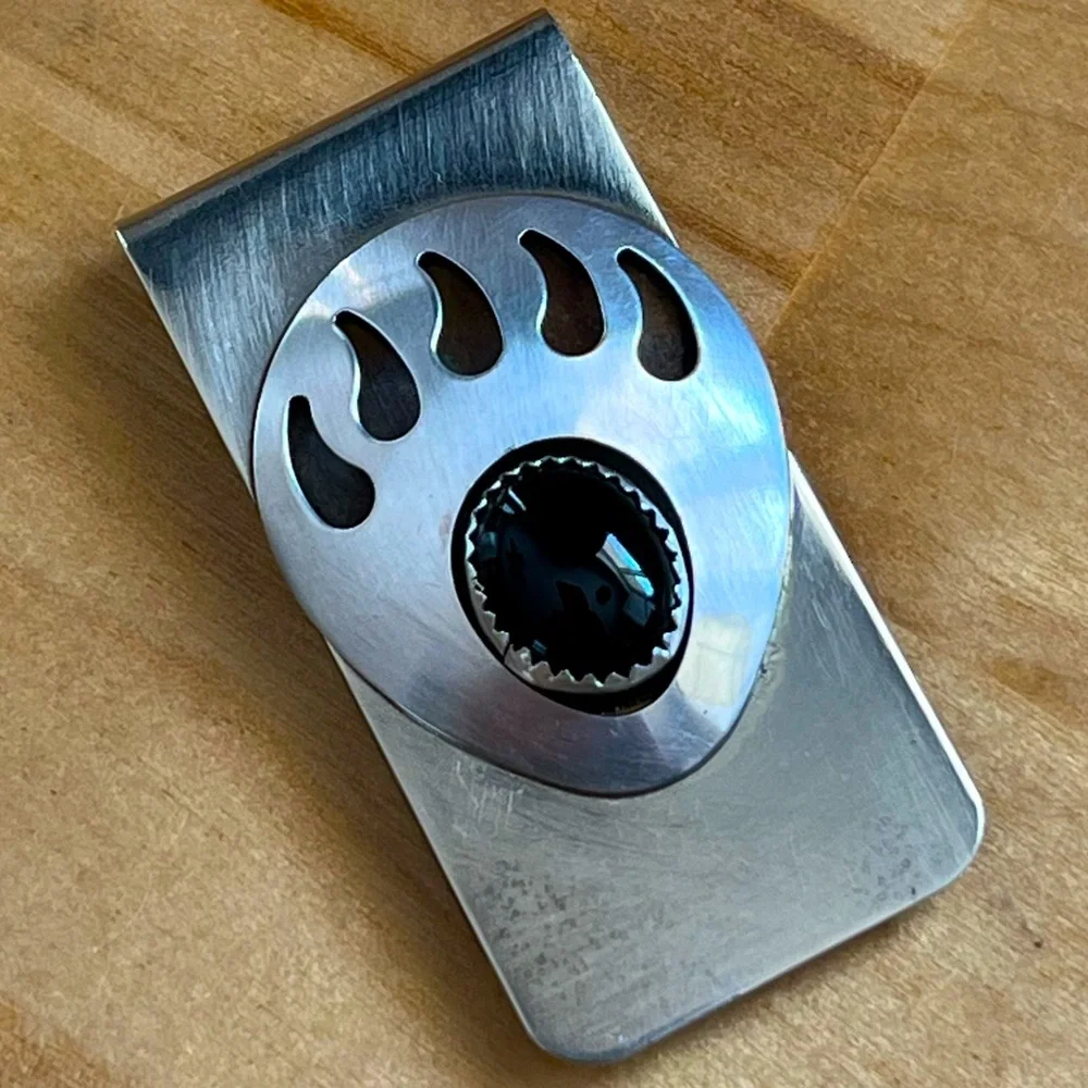 Vintage Silver and onyx shadow box bear paw money clip. Clip is 2” x 1”.