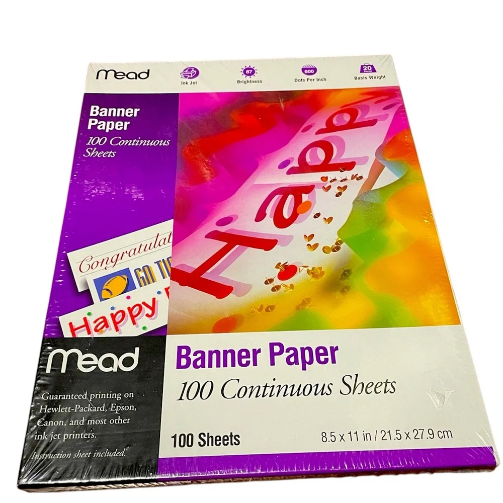 Mead Banner Paper 100 Continuous Sheets 8.5 x 11 in. Sealed 39152 vintage