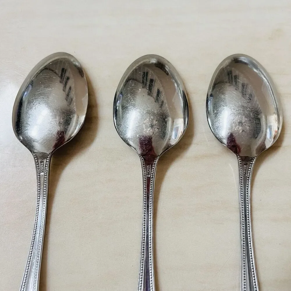 3pc F.B Rogers by Towle Norfolk Soup Spoon Stainless 7 1/4” Beaded Edge Glossy