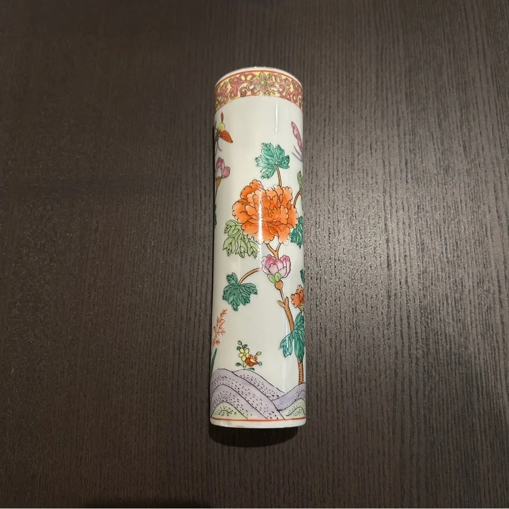 Vintage Oriental Asian Multicolor Artwork Cylindrical Round Vase 8” Tall approx.