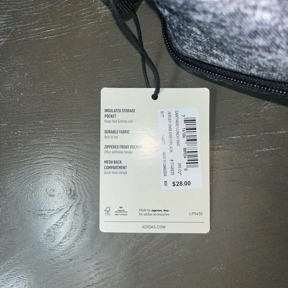 Adidas Gray Santiago Lunch Bag Zippered Black Insulated Mesh Zippered NWT