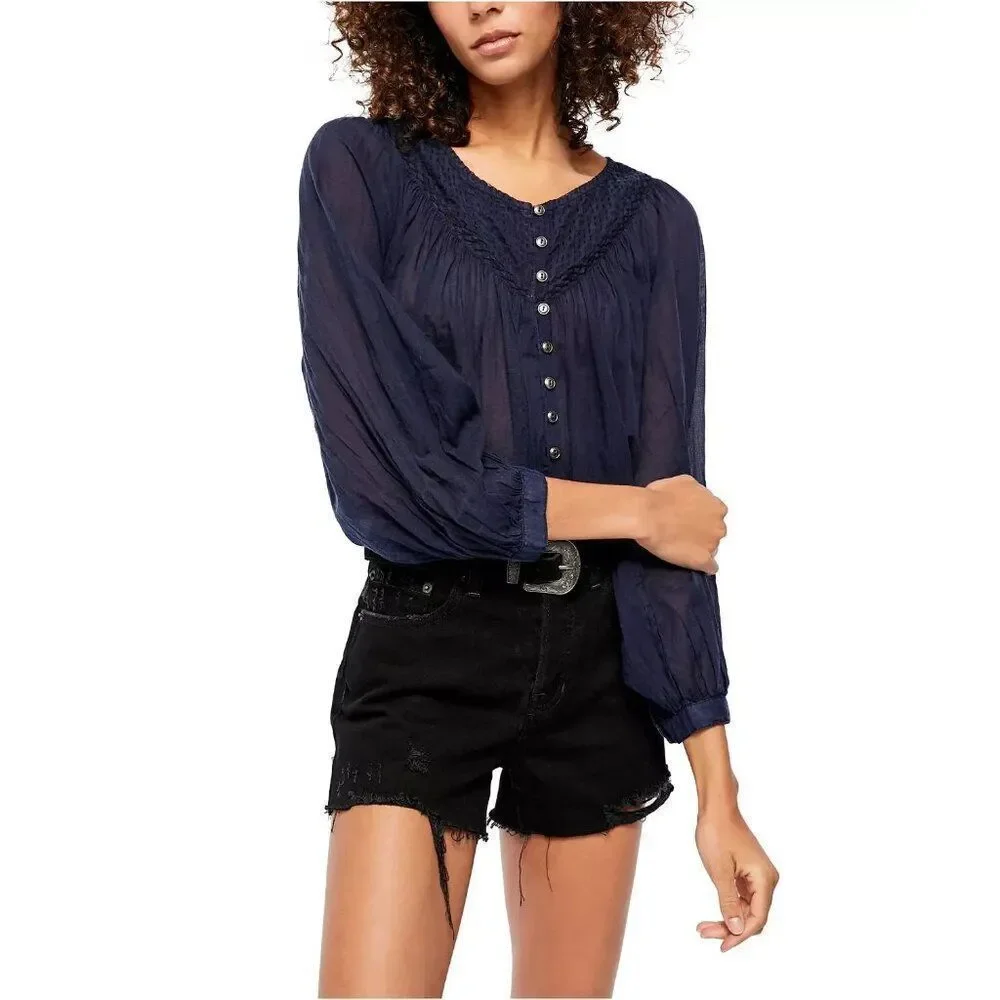 Free People Cool Meadow Woven Cotton Top, Navy, Sz. S