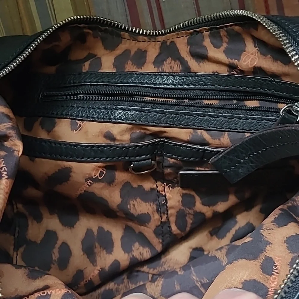 B Makowsky Black Leather Studded Fringed Hobo Bag
