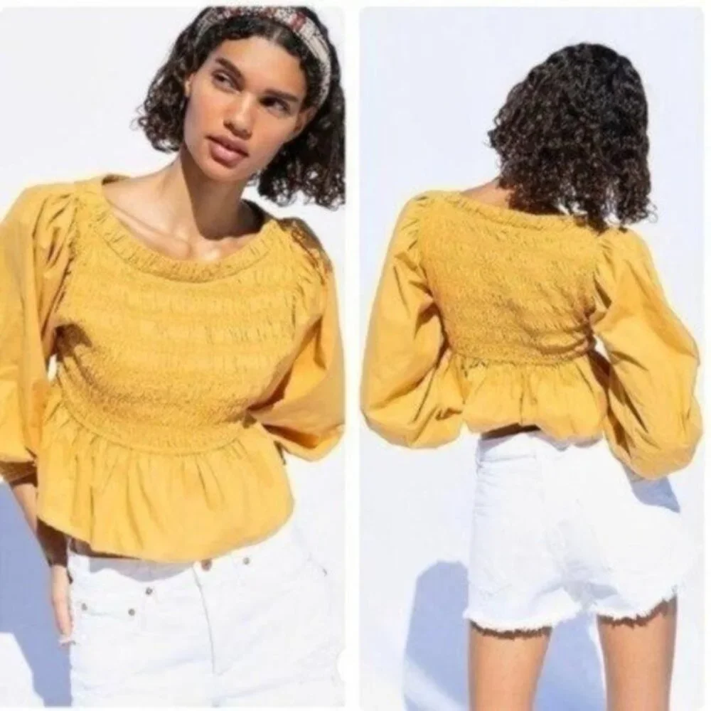 Free People Ruffled Whoa Blouse Mustard Yellow Women Size Small NWOT
