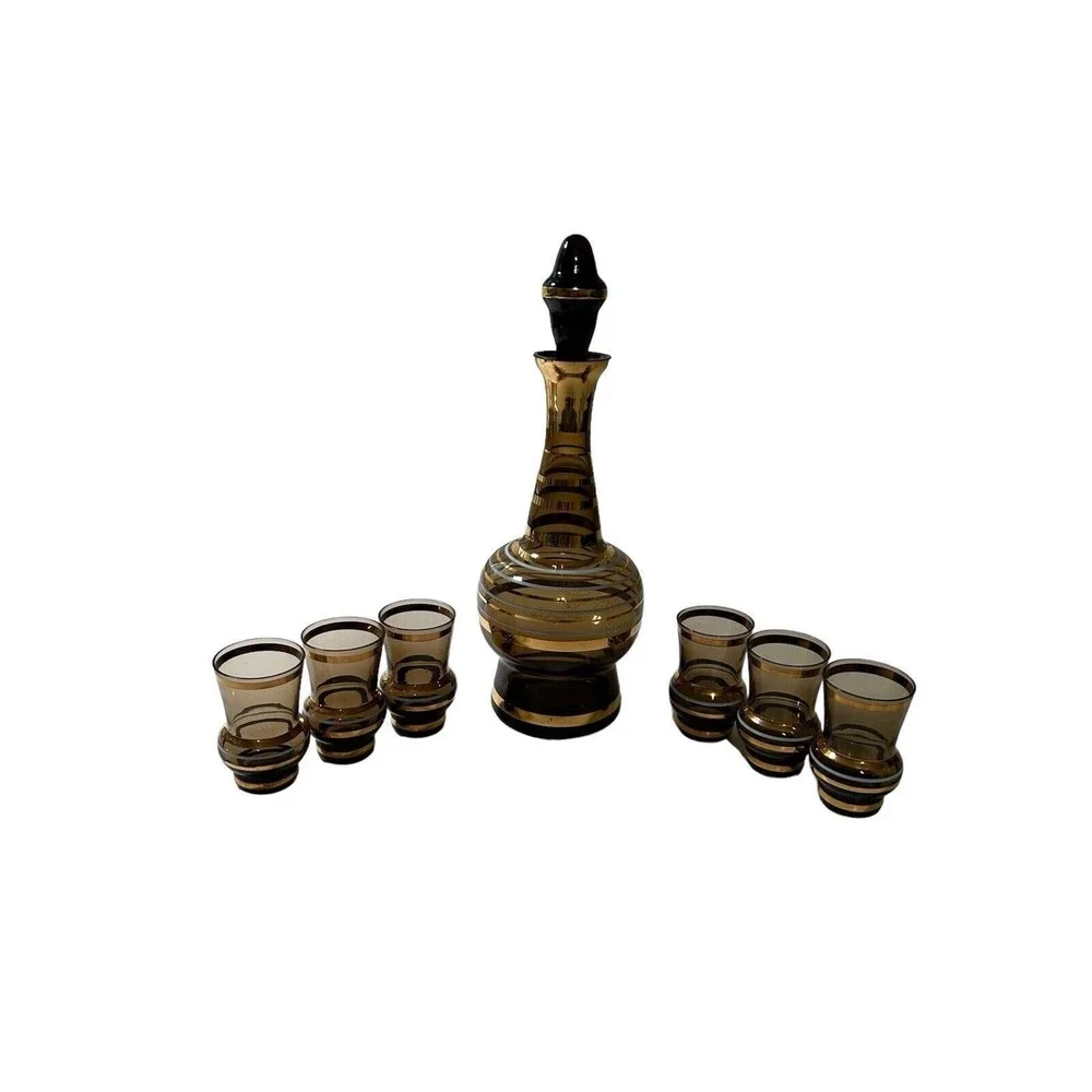 VINTAGE MCM BOHEMIAN SMOKE GLASS DECANTER WITH 6 GLASSES GOLD TRIM DESIGN