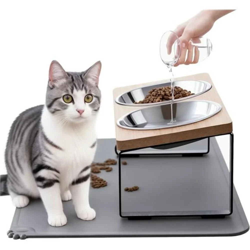 Upgraded Elevated Cat Bowls with Food Mat,15°Tilted Stand Anti Vomiting Raised