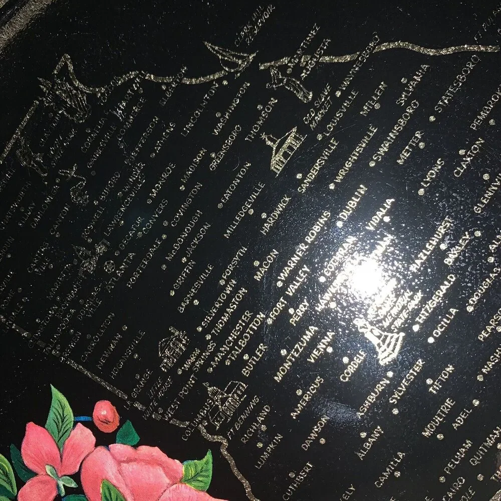 Vintage Toleway Serving Tray Georgia Cherokee Rose Black Gold Color With Flowers