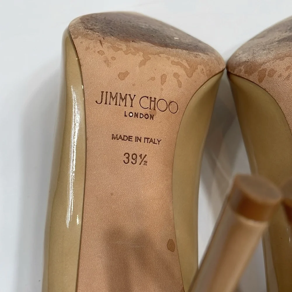 Jimmy Choo Stiletto Heels Nude Patent Leather 39.5 Made In Italy EUC
