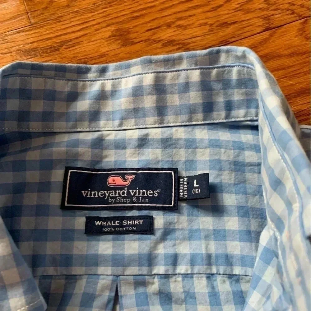 Vineyard Vines The Whale Shirt 100% Cotton Blue Gingham Size Large