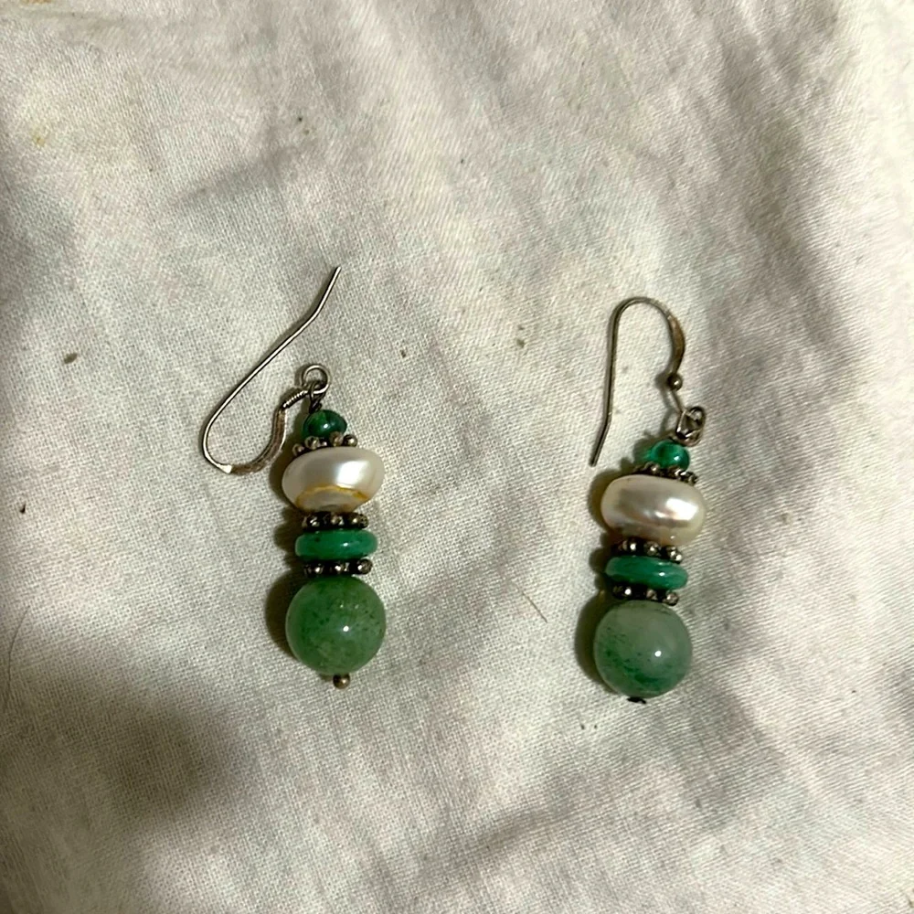 Vtg Jade,Silver, Crystal and Pearl Wire Earrings Sterling Silver. 60’s.