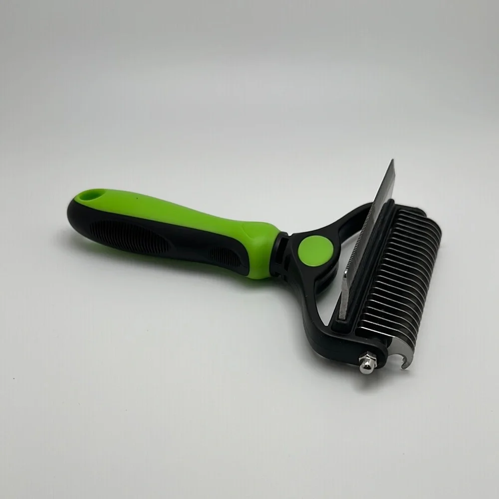 Green and Black Dog Deshedding Brush with Ergonomic Handle