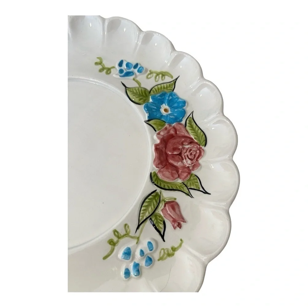 Vintage Ceramic California Floral Pink Rose Platter 13 Inches Scalloped Edges