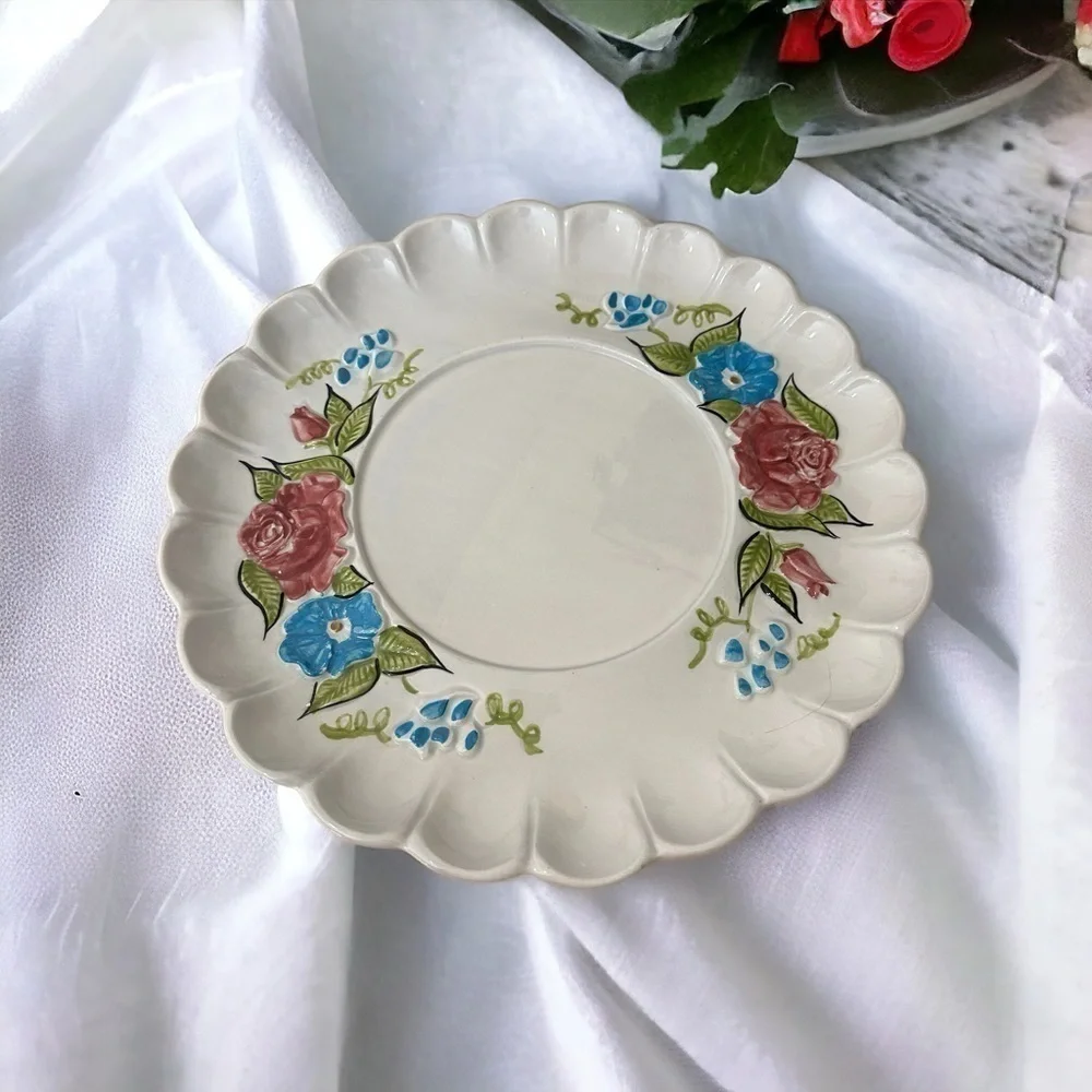 Vintage Ceramic California Floral Pink Rose Platter 13 Inches Scalloped Edges