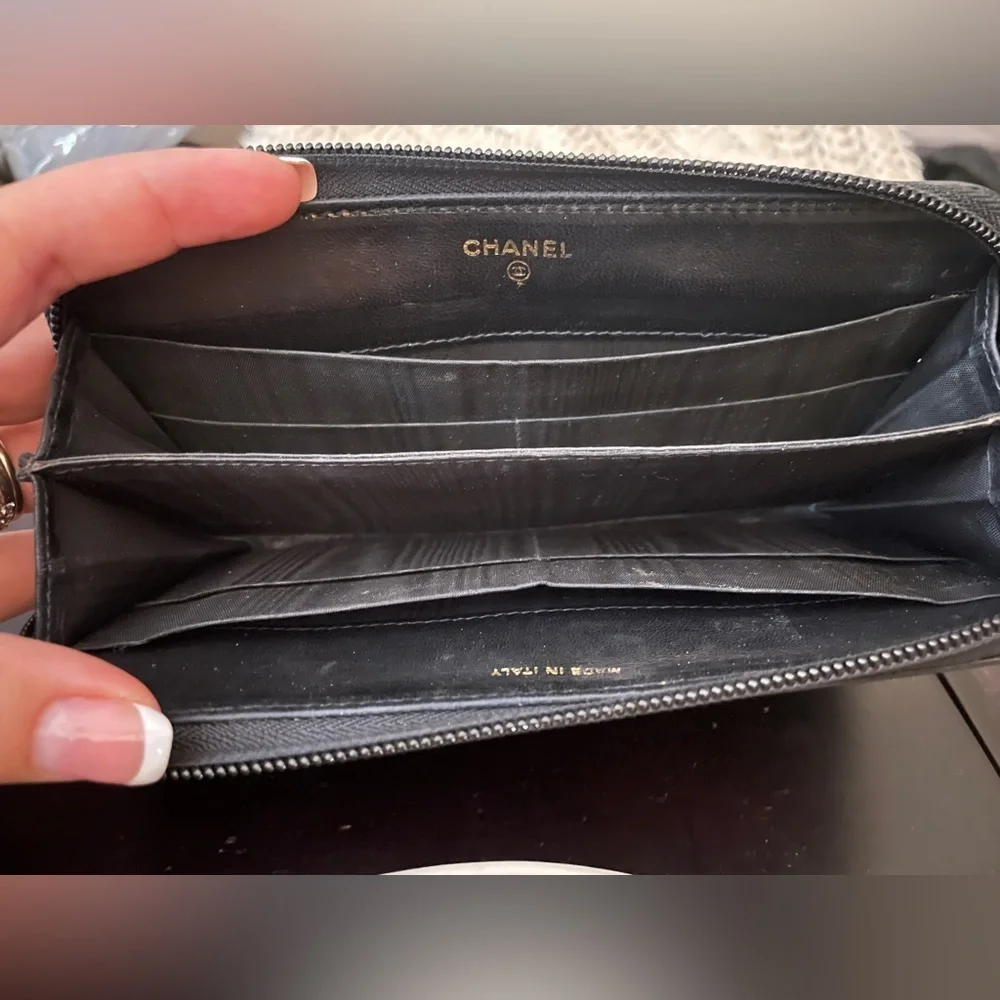 Chanel Black Caviar Leather long zippered wallet with Certificate of Authenticit