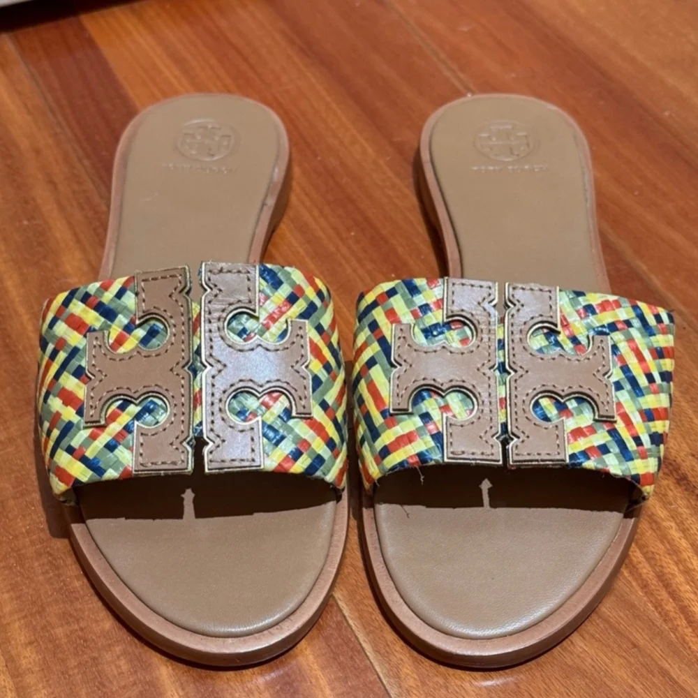 Tory Burch Rafia And Leather Ines Multicolor Slide Sandals 8