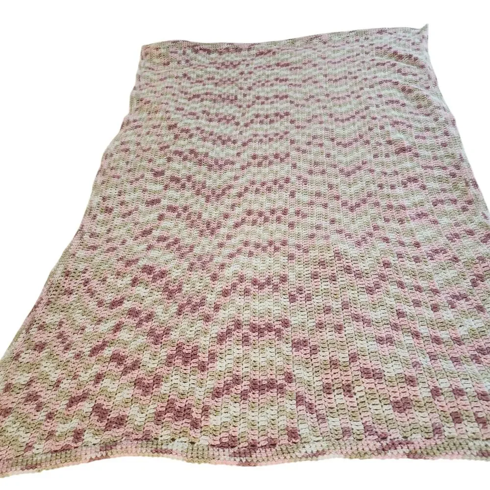 Handmade Crochet Pink and White Baby Throw Blanket 45 x 56