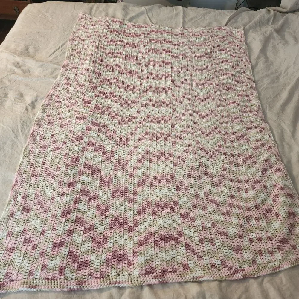 Handmade Crochet Pink and White Baby Throw Blanket 45 x 56