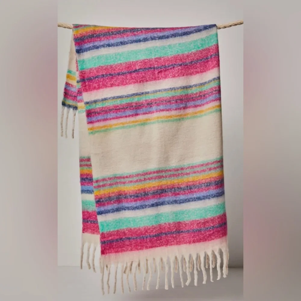 FREE PEOPLE Skye Stripe Fringe Throw Blanket O/S 60’’ x 51” Ivory Multi