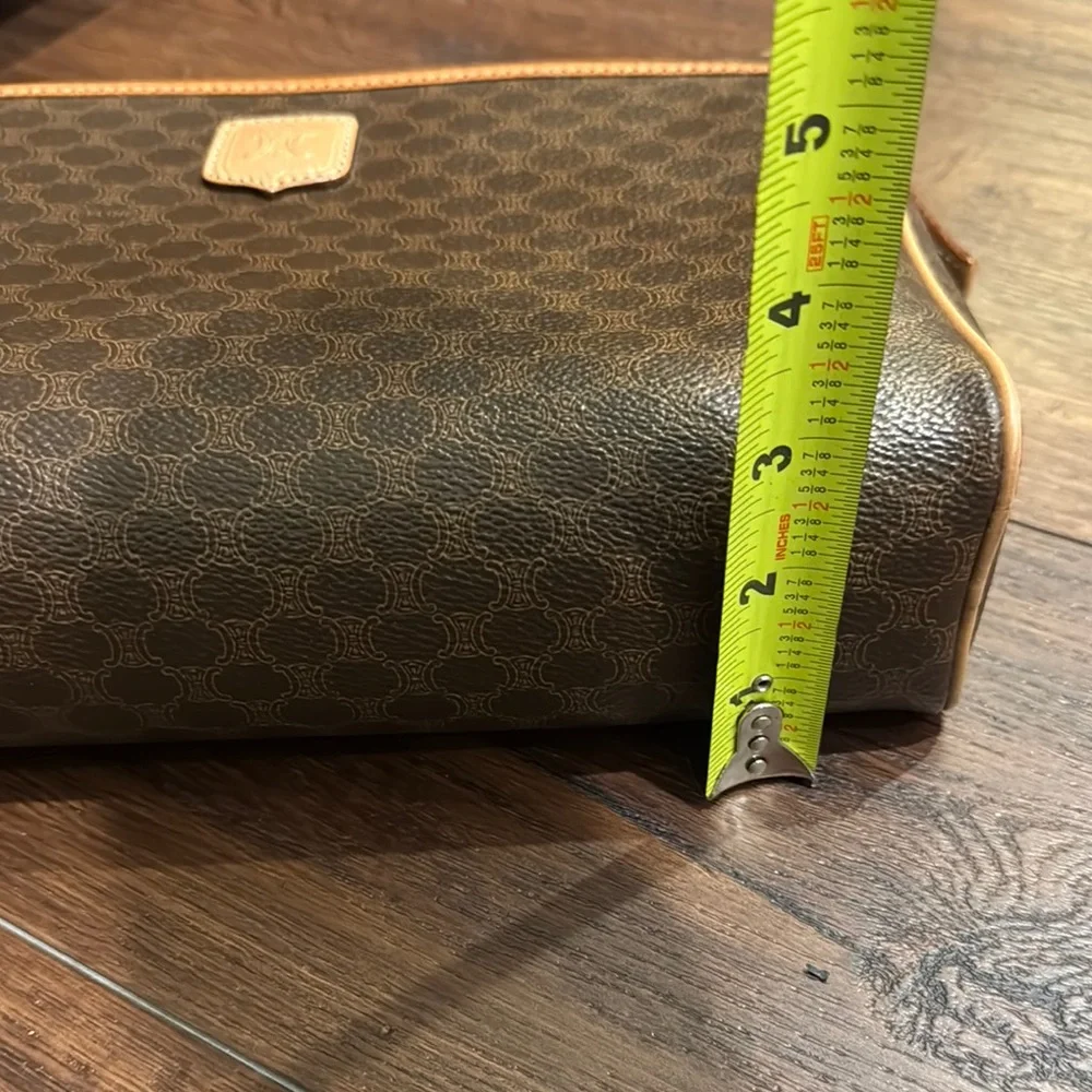 Celine Pre Owned Authentic Brown and Tan Toiletry Bag with Monogram Pattern.