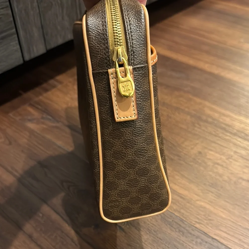 Celine Pre Owned Authentic Brown and Tan Toiletry Bag with Monogram Pattern.