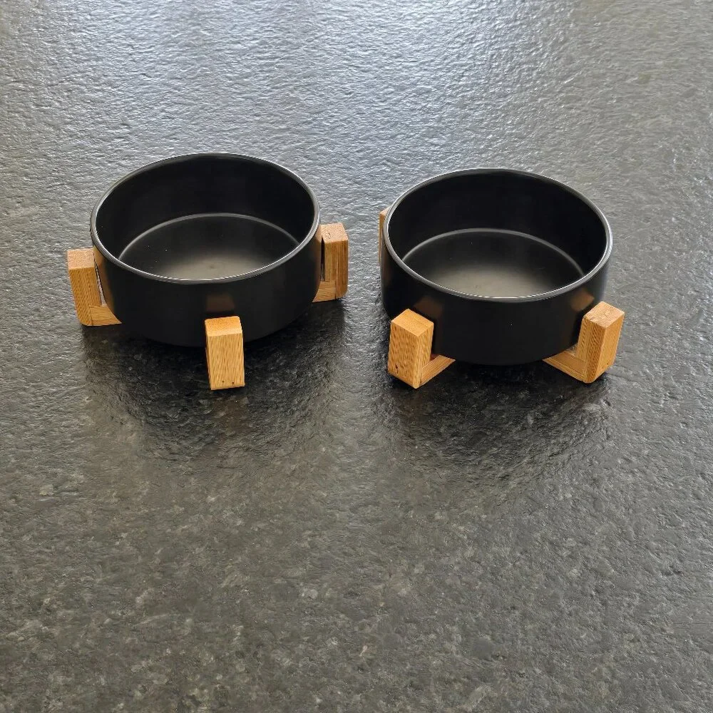 Ceramic Dog Bowls with Wooden Stand - Set of (2)