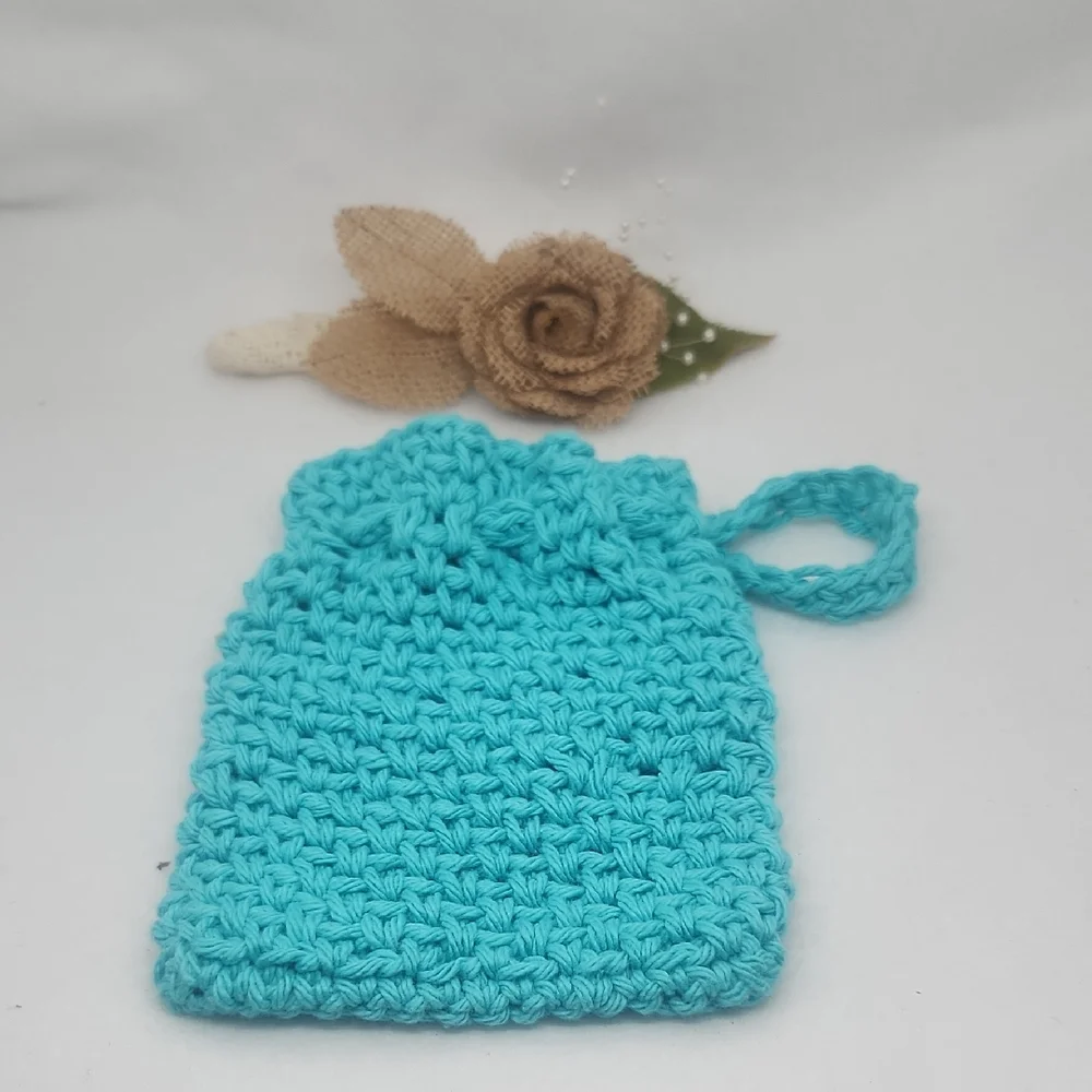 Handmade Turquoise Crochet Pouch Soap Sack Bag , Eco-Friendly 100% Cotton