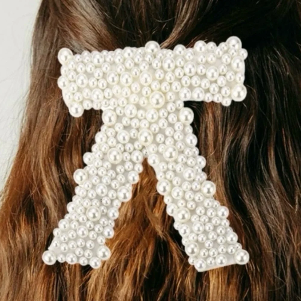 ✨FAUX PEARL‎ BEADED BOW HAIR CLIPS GORGEOUS CLIP ACCESSORIES-NEW-CREAMY WHITE