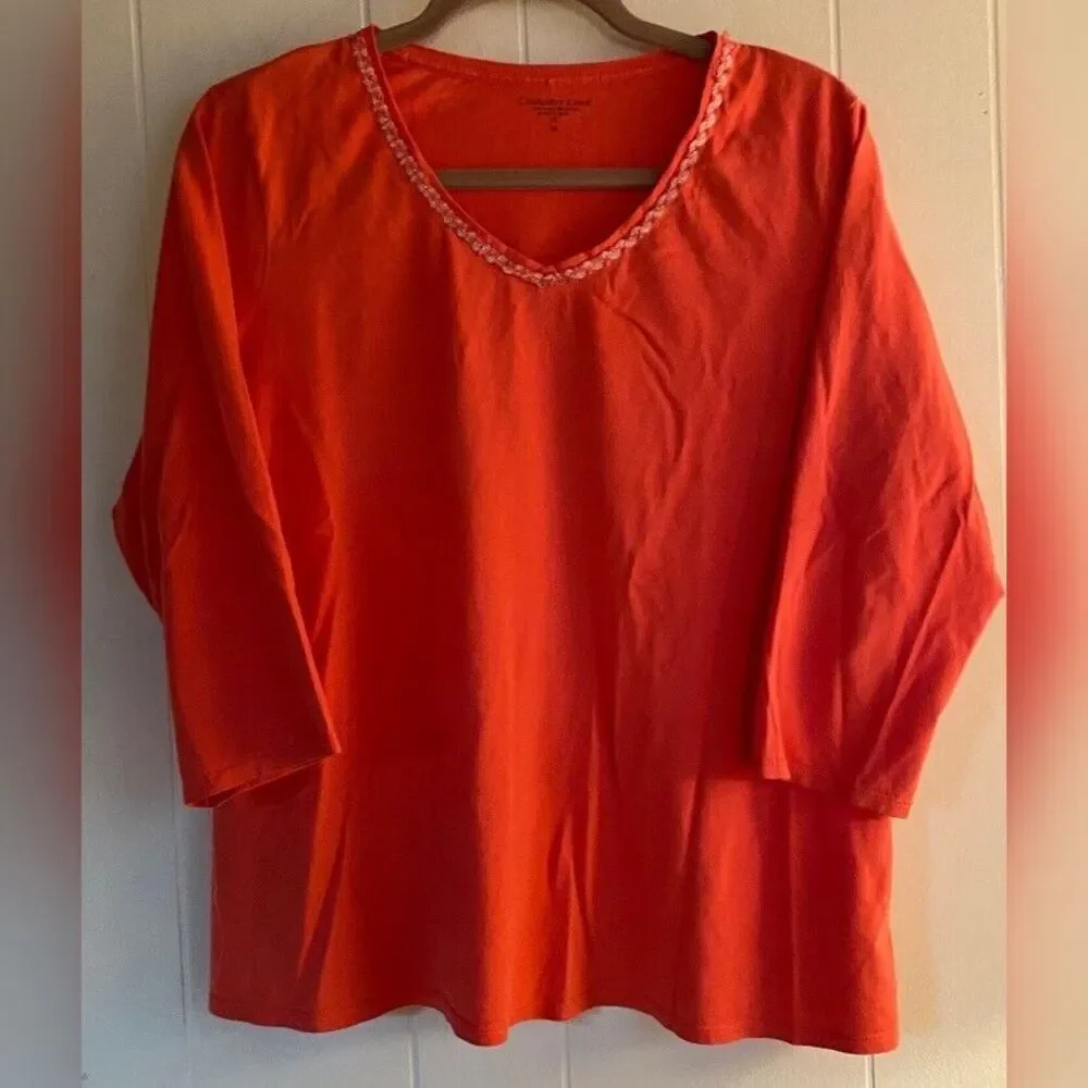 Coldwater Creek Top Women’s 16 Orange Coral Cotton Embellished V Neck