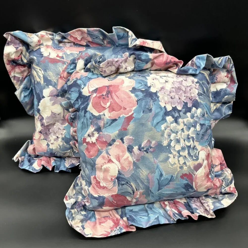 Vintage Throw Pillows Handmade 1980s Floral Ruffled Pink Blue Decorative Flowers
