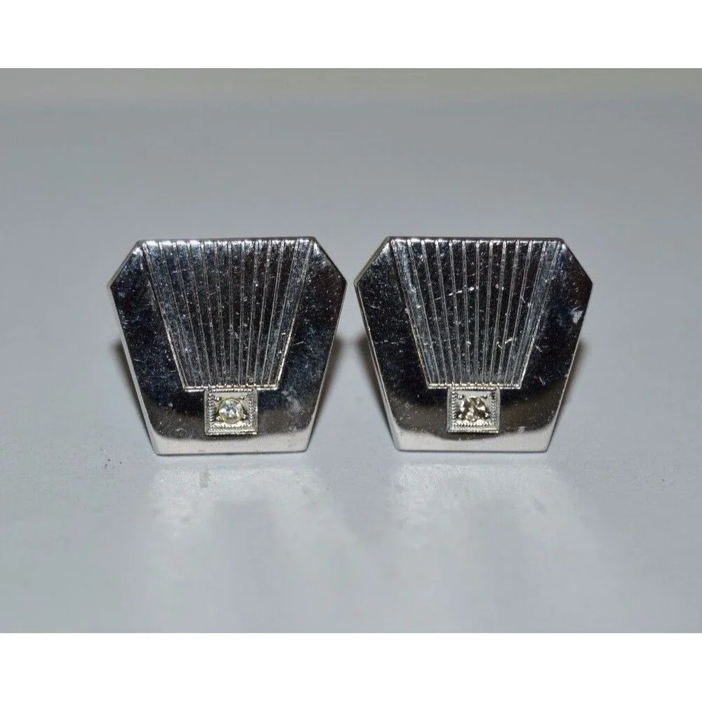 Vintage Chrome Jeweled Cuff Links MISSING ONE JEWEL Rare