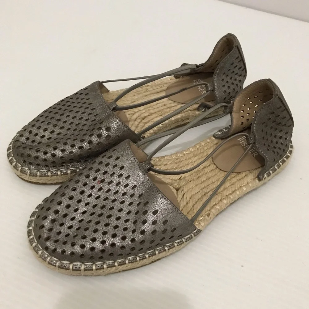 Eileen Fisher Lee 2 Taupe Leather Espadrille Flat Sandals Size 6