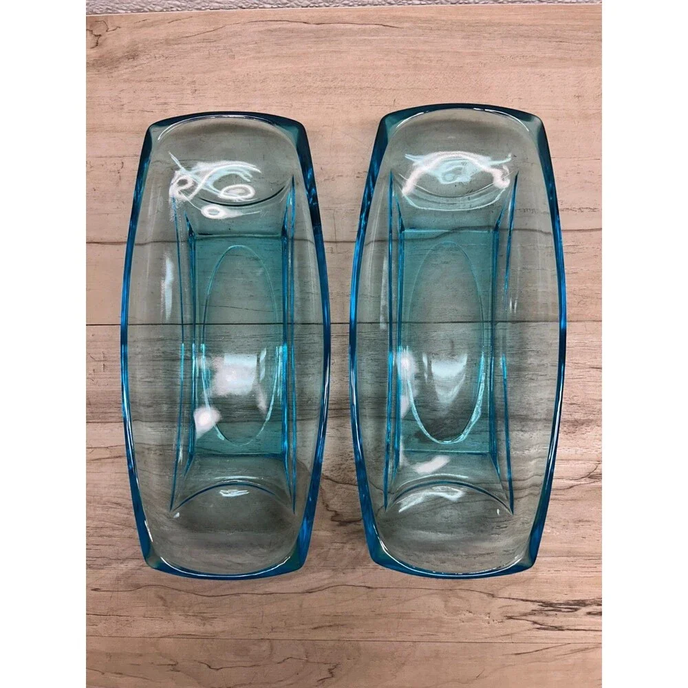 Vtg 1960s Hazel Atlas Turquoise Capri Blue Glass Serving Dishes Set Of 2