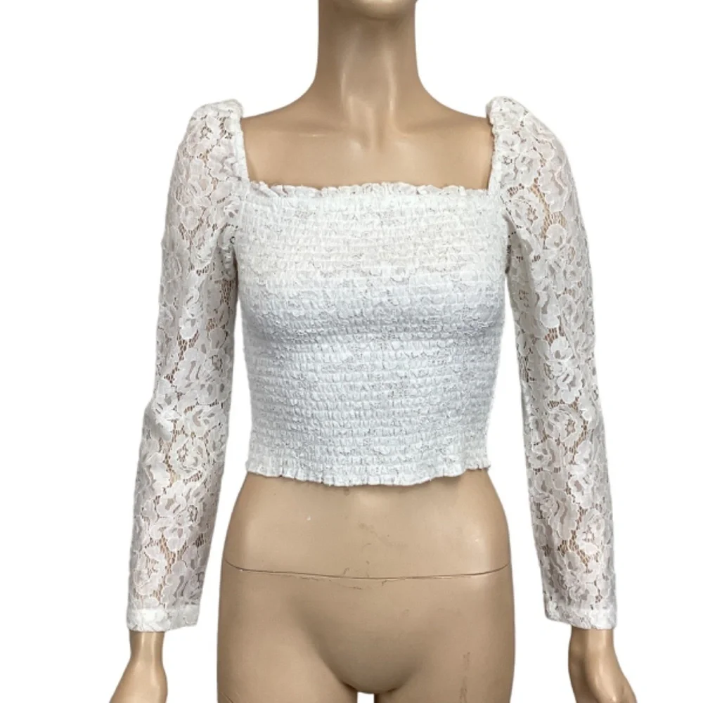 River Island Shirred crop top with lace‎ smocked bodice size 8