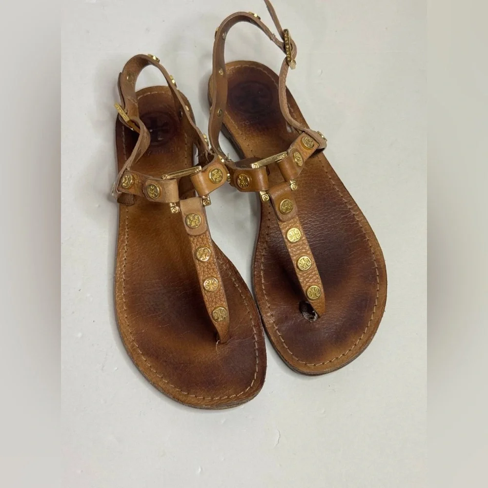 Tory Burch Womens Leather Ankle Strap Sandals Sz US 6 T Strap Logo